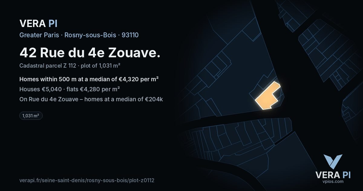 42 Rue du 4e Zouave, Rosny-sous-Bois at night – the plot lit, the parcels around coloured by the prices near them