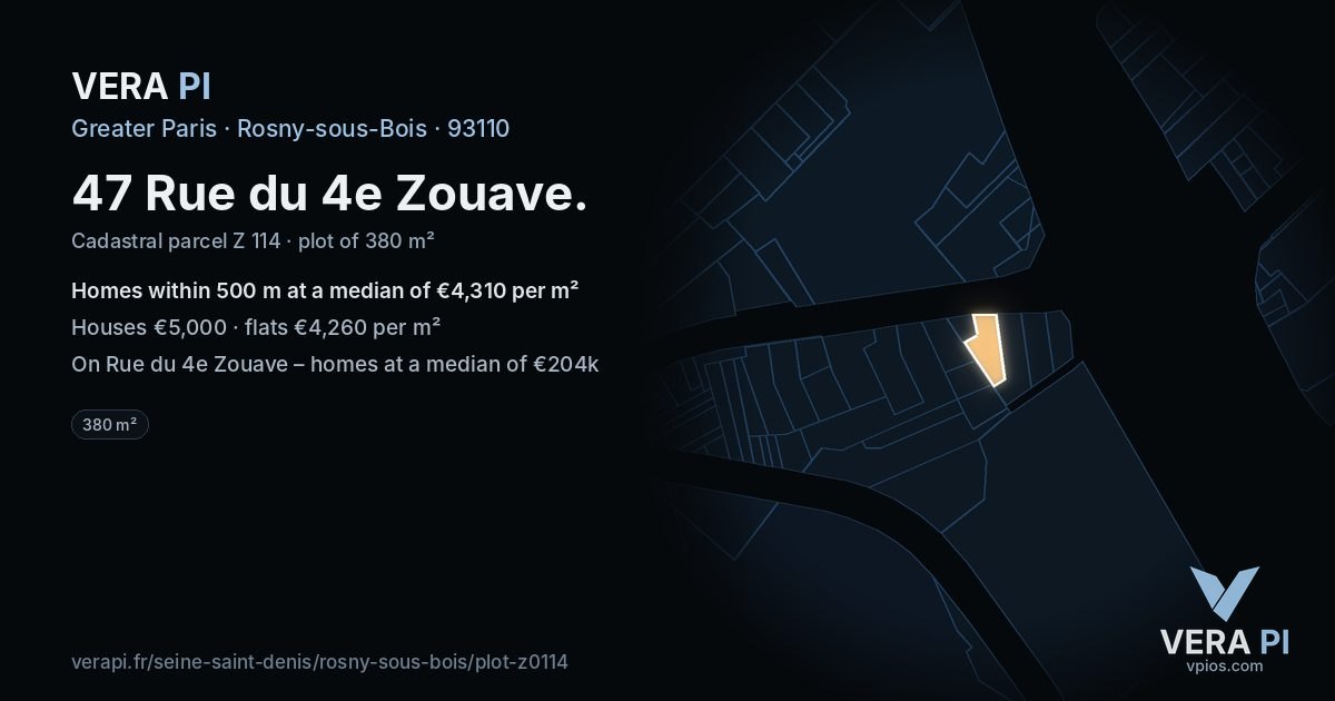 47 Rue du 4e Zouave, Rosny-sous-Bois at night – the plot lit, the parcels around coloured by the prices near them