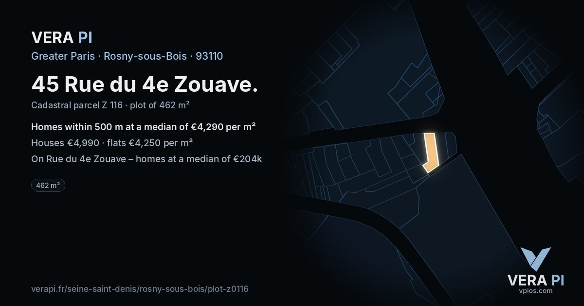 45 Rue du 4e Zouave, Rosny-sous-Bois at night – the plot lit, the parcels around coloured by the prices near them