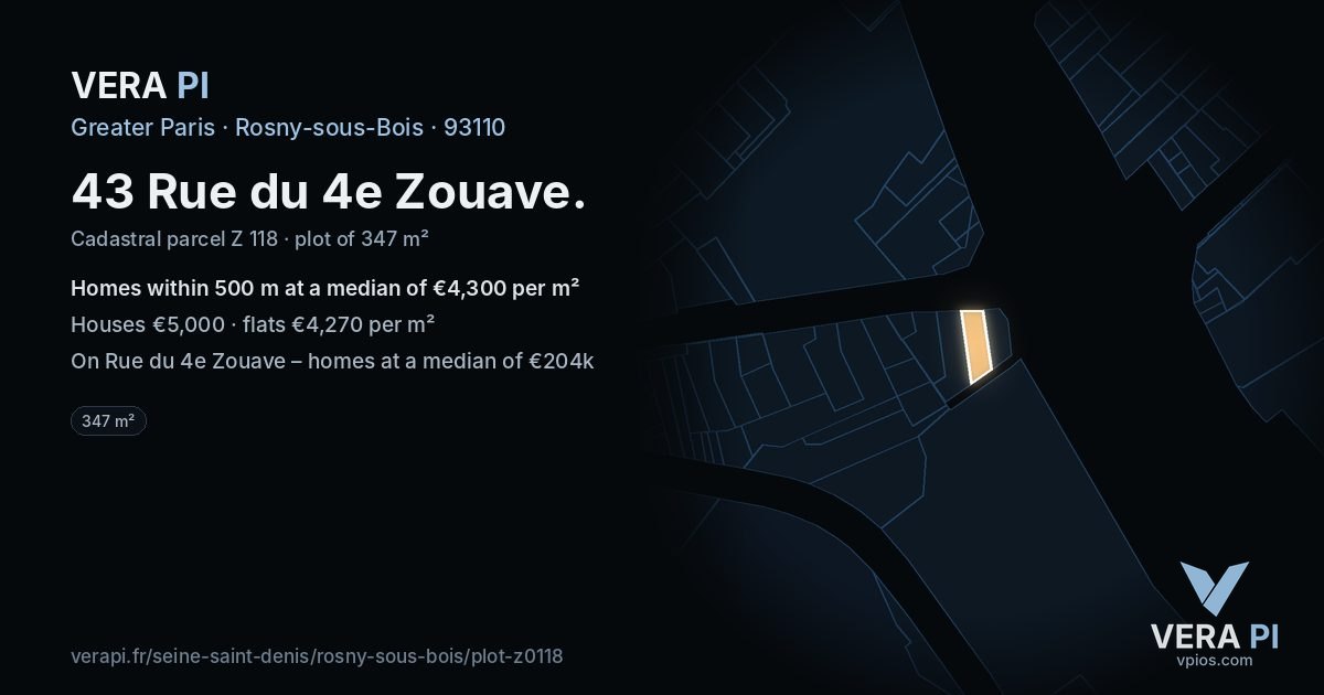 43 Rue du 4e Zouave, Rosny-sous-Bois at night – the plot lit, the parcels around coloured by the prices near them