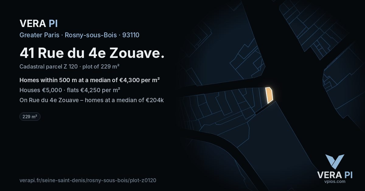 41 Rue du 4e Zouave, Rosny-sous-Bois at night – the plot lit, the parcels around coloured by the prices near them