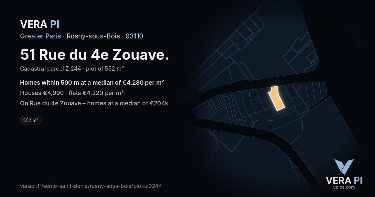 51 Rue du 4e Zouave, Rosny-sous-Bois at night – the plot lit, the parcels around coloured by the prices near them