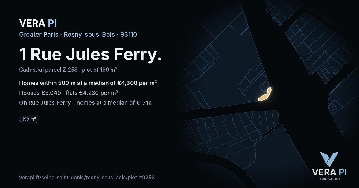 1 Rue Jules Ferry, Rosny-sous-Bois at night – the plot lit, the parcels around coloured by the prices near them
