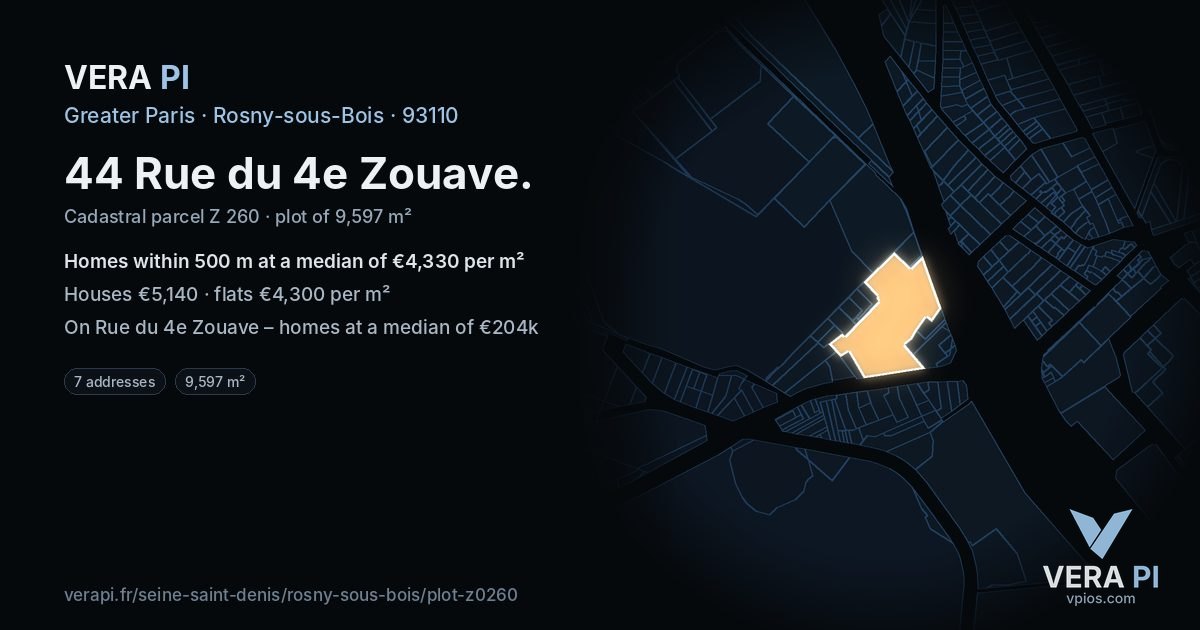 44 Rue du 4e Zouave, Rosny-sous-Bois at night – the plot lit, the parcels around coloured by the prices near them