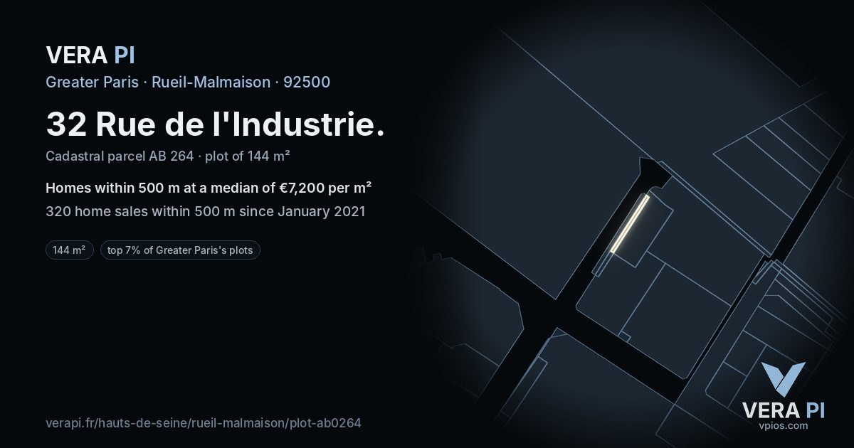 32 Rue de l'Industrie, Rueil-Malmaison at night – the plot lit, the parcels around coloured by the prices near them
