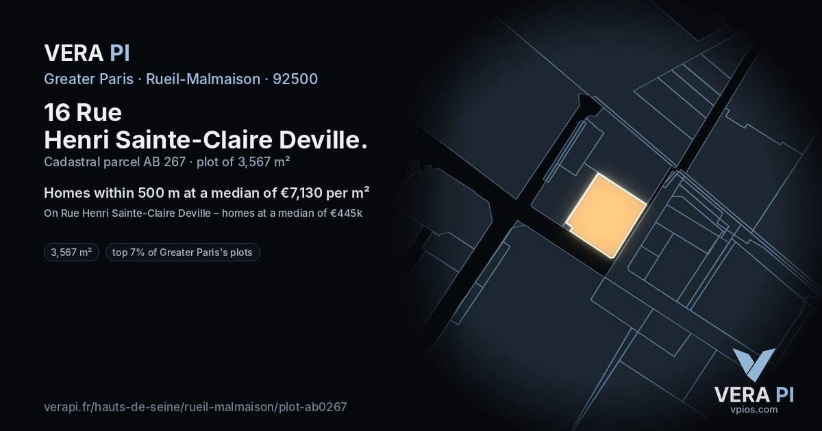 16 Rue Henri Sainte-Claire Deville, Rueil-Malmaison at night – the plot lit, the parcels around coloured by the prices near them