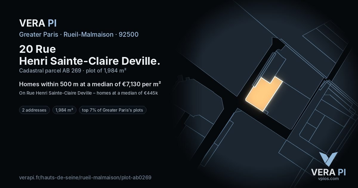 20 Rue Henri Sainte-Claire Deville, Rueil-Malmaison at night – the plot lit, the parcels around coloured by the prices near them