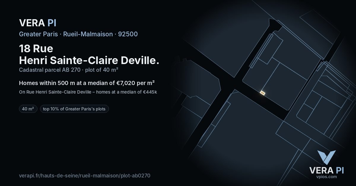 18 Rue Henri Sainte-Claire Deville, Rueil-Malmaison at night – the plot lit, the parcels around coloured by the prices near them