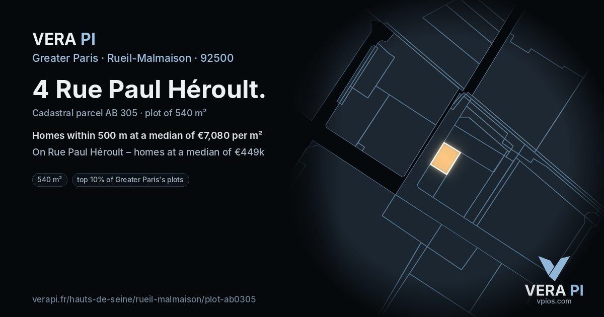 4 Rue Paul Héroult, Rueil-Malmaison at night – the plot lit, the parcels around coloured by the prices near them