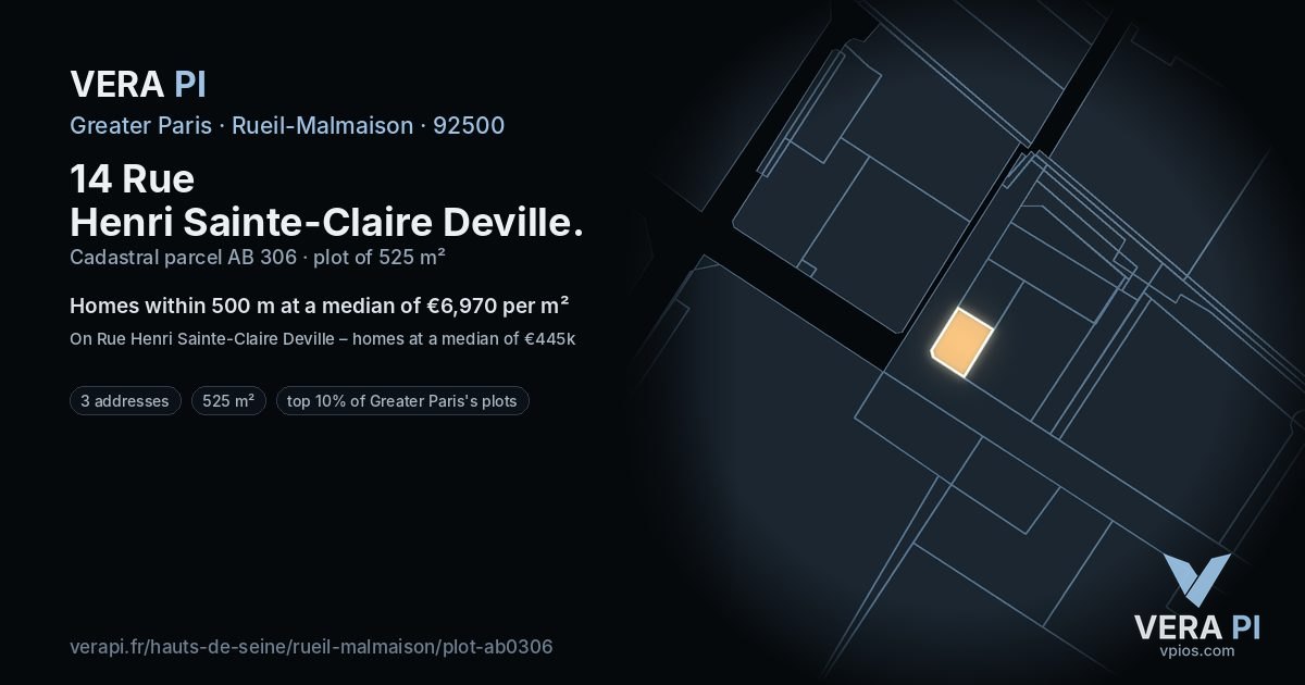 14 Rue Henri Sainte-Claire Deville, Rueil-Malmaison at night – the plot lit, the parcels around coloured by the prices near them