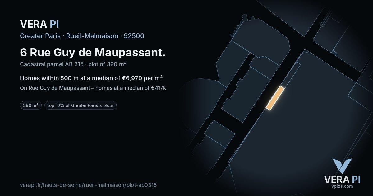 6 Rue Guy de Maupassant, Rueil-Malmaison at night – the plot lit, the parcels around coloured by the prices near them