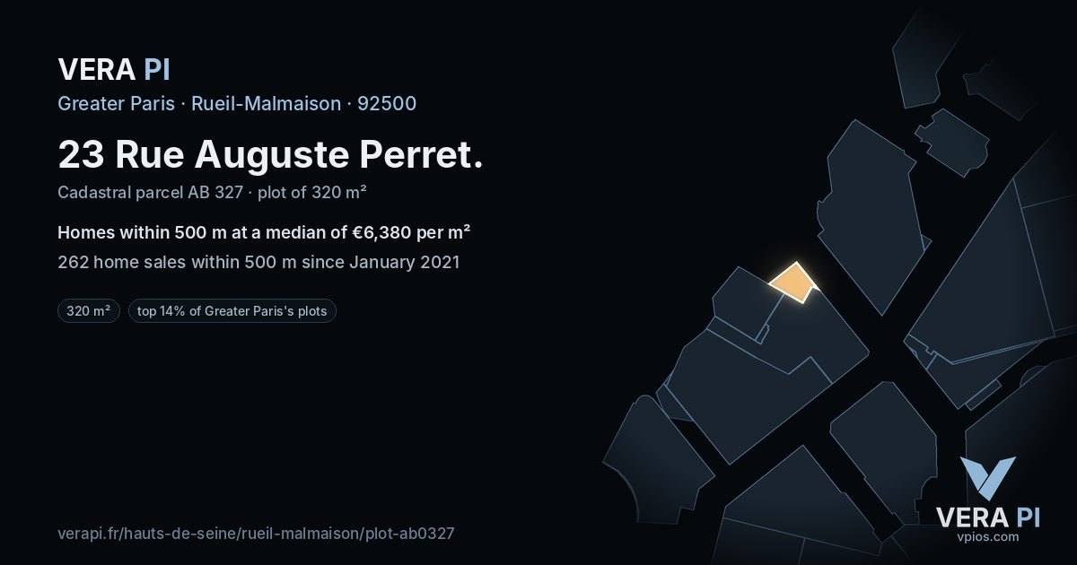 23 Rue Auguste Perret, Rueil-Malmaison at night – the plot lit, the parcels around coloured by the prices near them