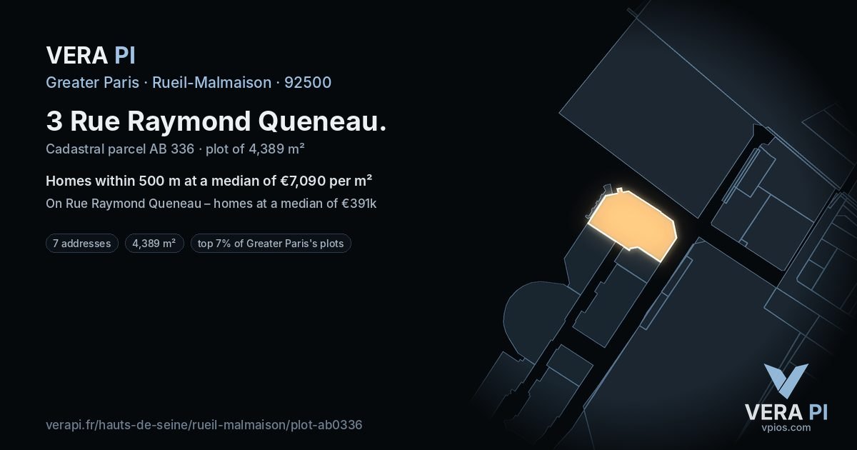 3 Rue Raymond Queneau, Rueil-Malmaison at night – the plot lit, the parcels around coloured by the prices near them