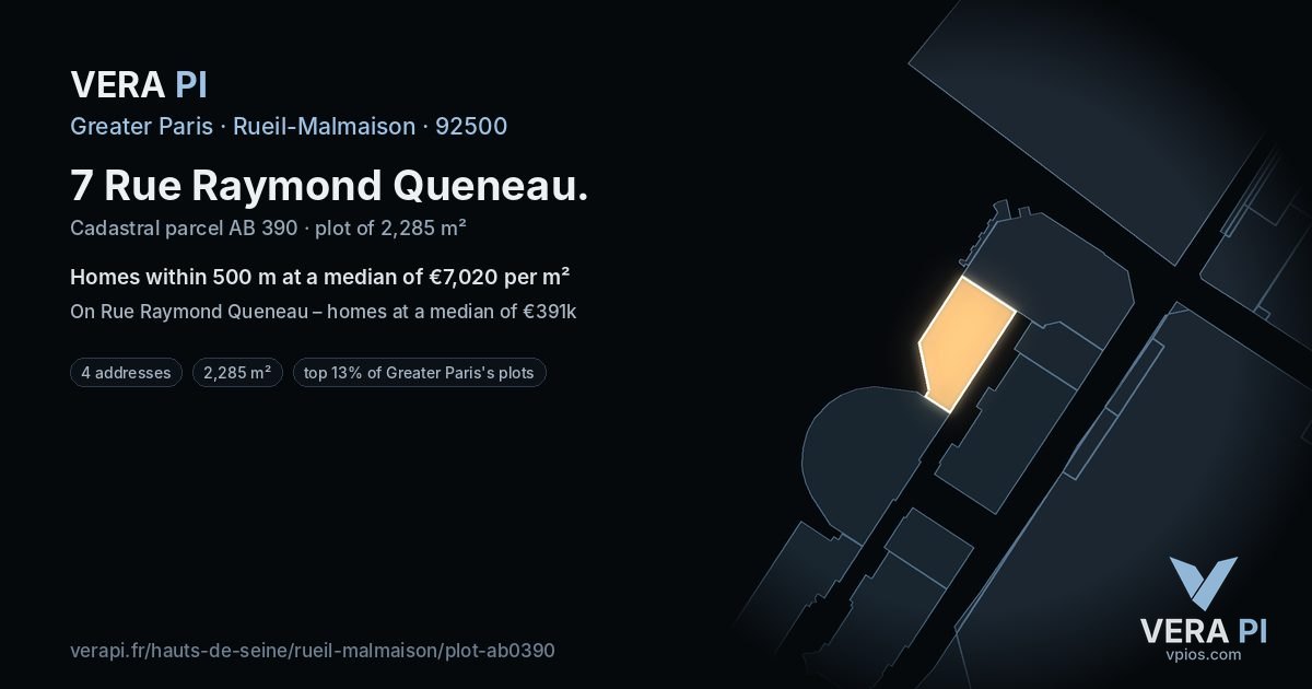 7 Rue Raymond Queneau, Rueil-Malmaison at night – the plot lit, the parcels around coloured by the prices near them