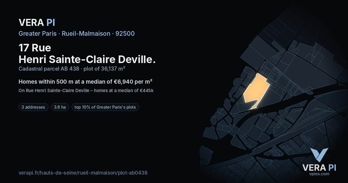 17 Rue Henri Sainte-Claire Deville, Rueil-Malmaison at night – the plot lit, the parcels around coloured by the prices near them