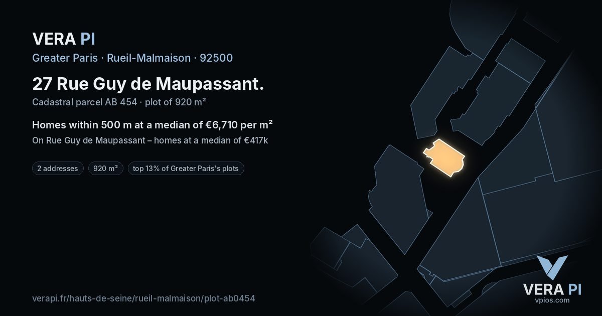 27 Rue Guy de Maupassant, Rueil-Malmaison at night – the plot lit, the parcels around coloured by the prices near them