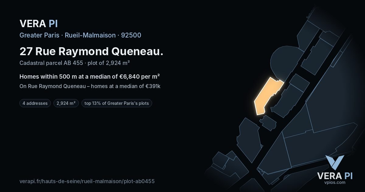 27 Rue Raymond Queneau, Rueil-Malmaison at night – the plot lit, the parcels around coloured by the prices near them