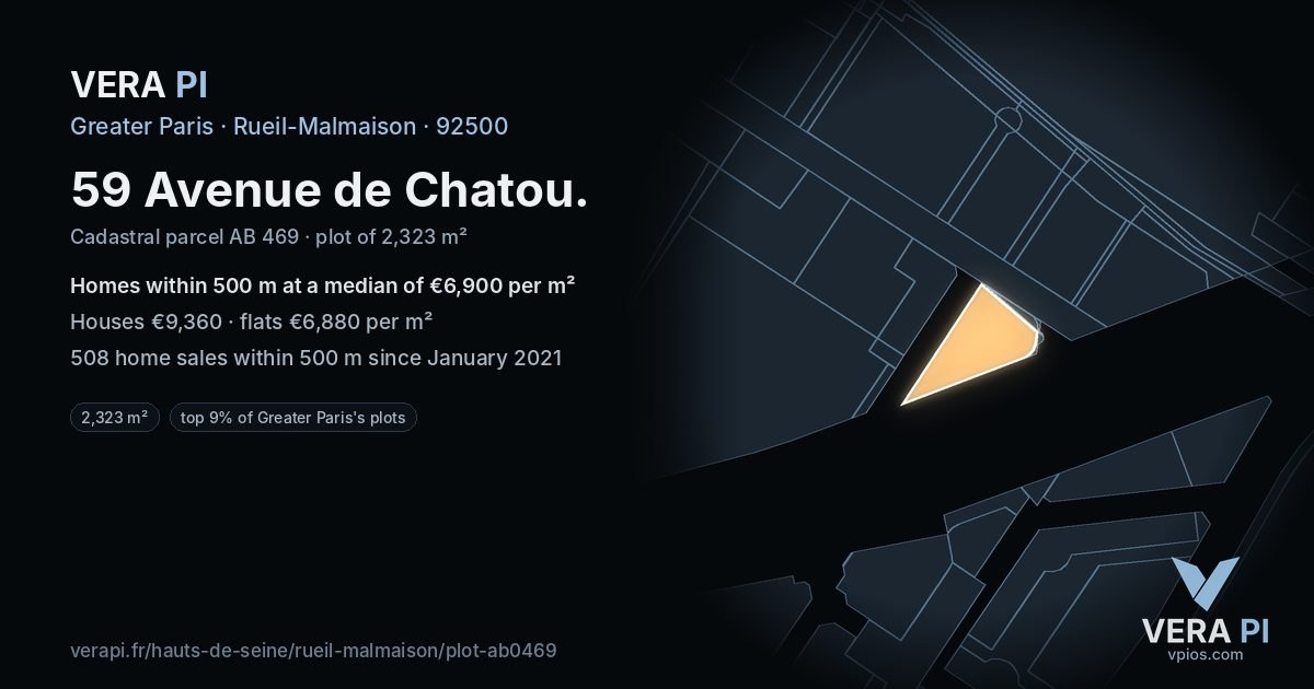 59 Avenue de Chatou, Rueil-Malmaison at night – the plot lit, the parcels around coloured by the prices near them