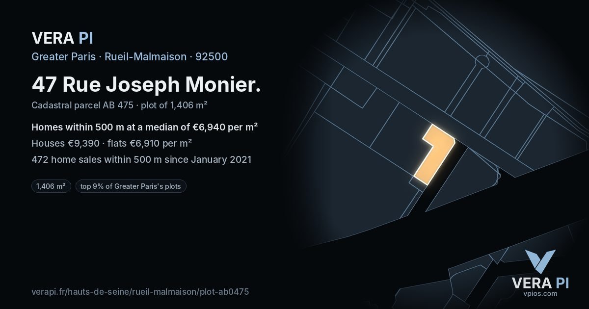 47 Rue Joseph Monier, Rueil-Malmaison at night – the plot lit, the parcels around coloured by the prices near them