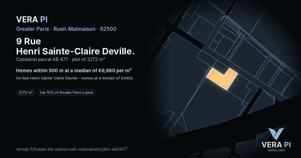 9 Rue Henri Sainte-Claire Deville, Rueil-Malmaison at night – the plot lit, the parcels around coloured by the prices near them