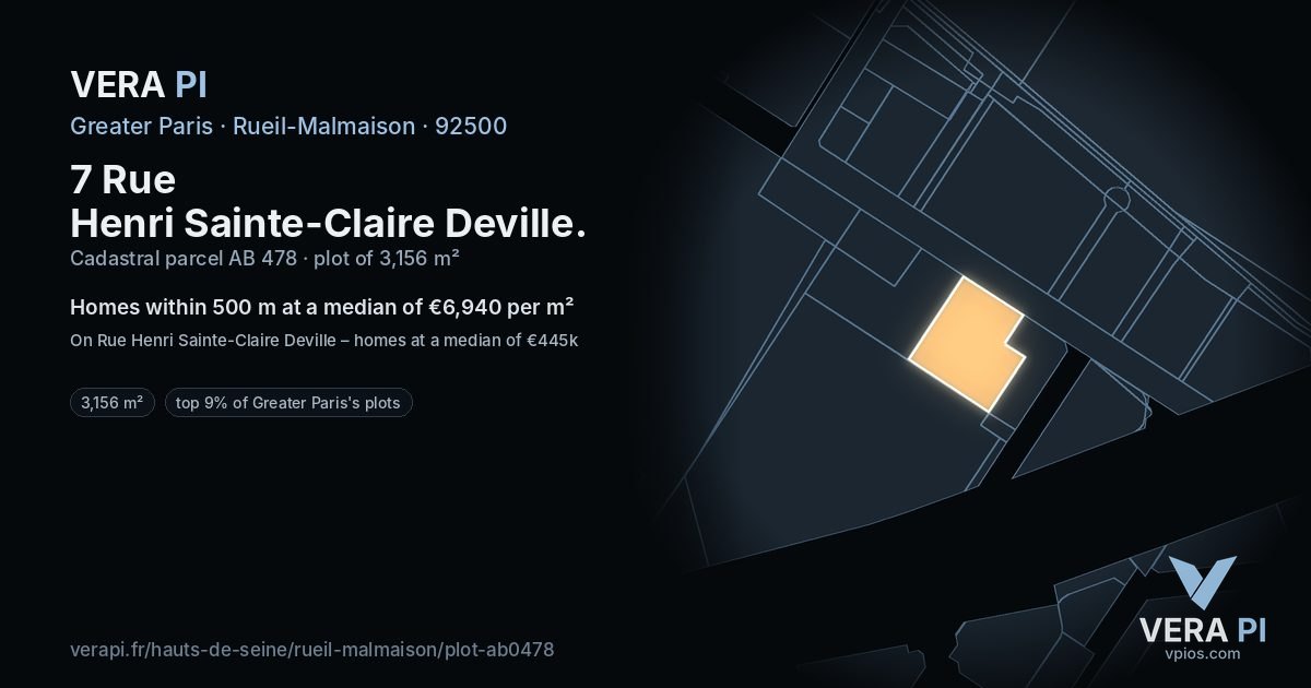 7 Rue Henri Sainte-Claire Deville, Rueil-Malmaison at night – the plot lit, the parcels around coloured by the prices near them