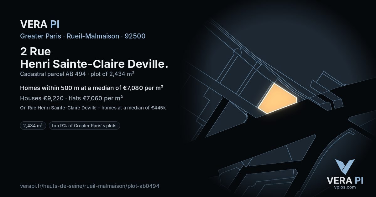 2 Rue Henri Sainte-Claire Deville, Rueil-Malmaison at night – the plot lit, the parcels around coloured by the prices near them