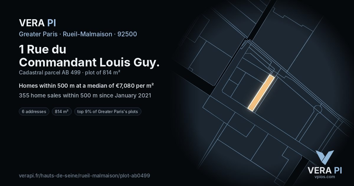 1 Rue du Commandant Louis Guy, Rueil-Malmaison at night – the plot lit, the parcels around coloured by the prices near them
