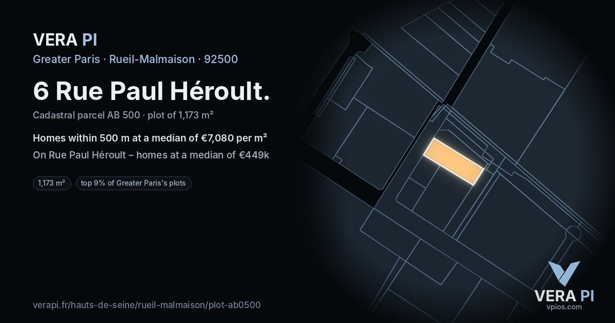 6 Rue Paul Héroult, Rueil-Malmaison at night – the plot lit, the parcels around coloured by the prices near them