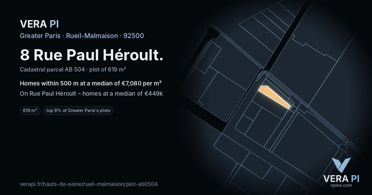 8 Rue Paul Héroult, Rueil-Malmaison at night – the plot lit, the parcels around coloured by the prices near them