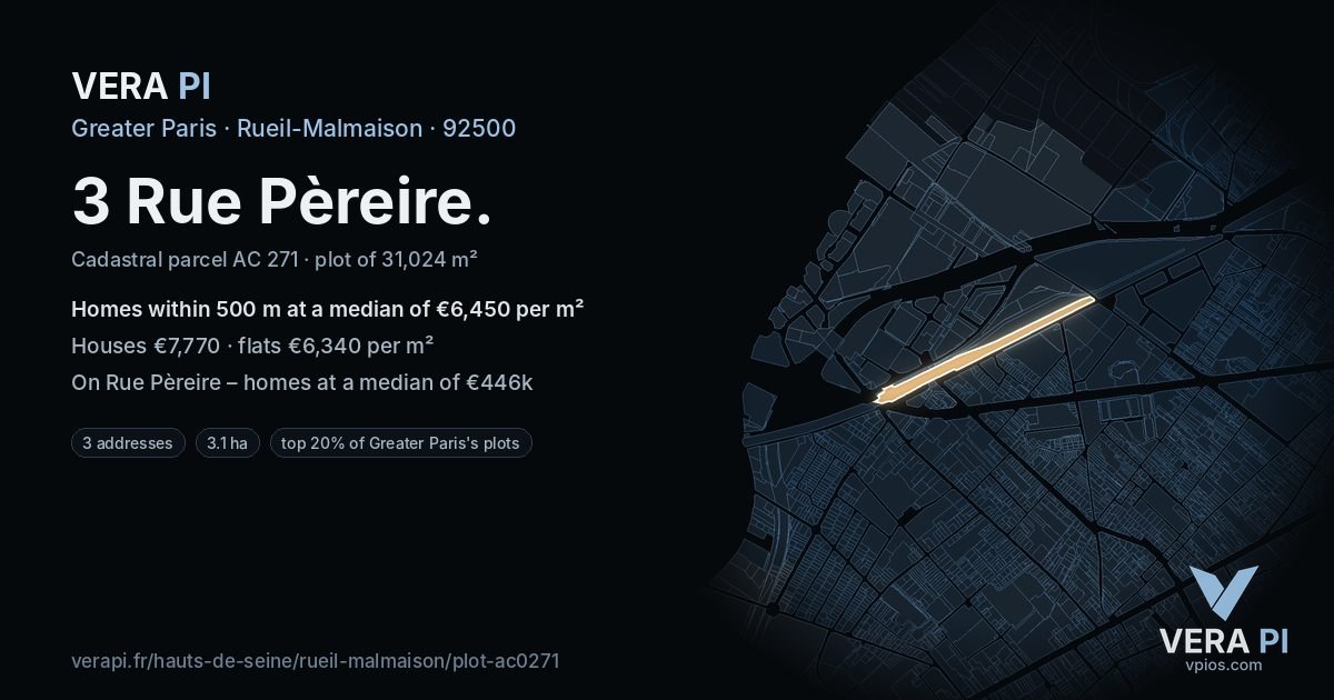 3 Rue Pèreire, Rueil-Malmaison at night – the plot lit, the parcels around coloured by the prices near them