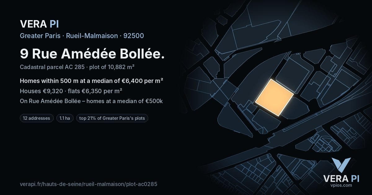9 Rue Amédée Bollée, Rueil-Malmaison at night – the plot lit, the parcels around coloured by the prices near them