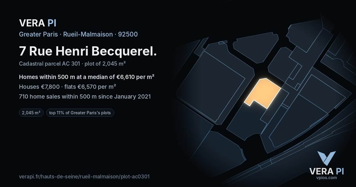 7 Rue Henri Becquerel, Rueil-Malmaison at night – the plot lit, the parcels around coloured by the prices near them