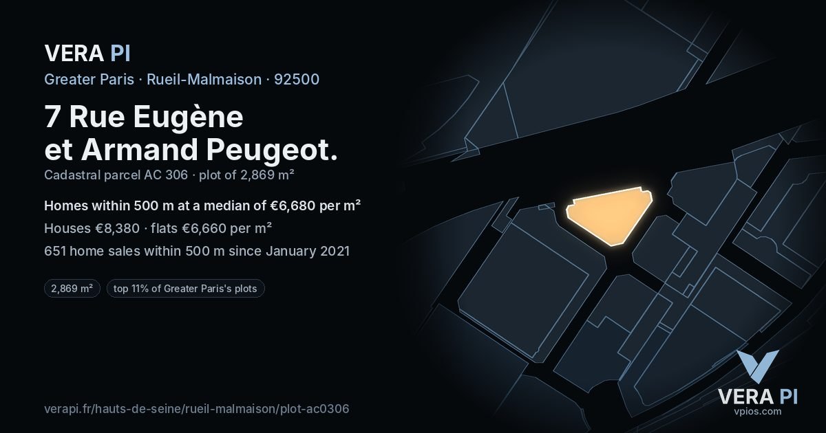7 Rue Eugène et Armand Peugeot, Rueil-Malmaison at night – the plot lit, the parcels around coloured by the prices near them