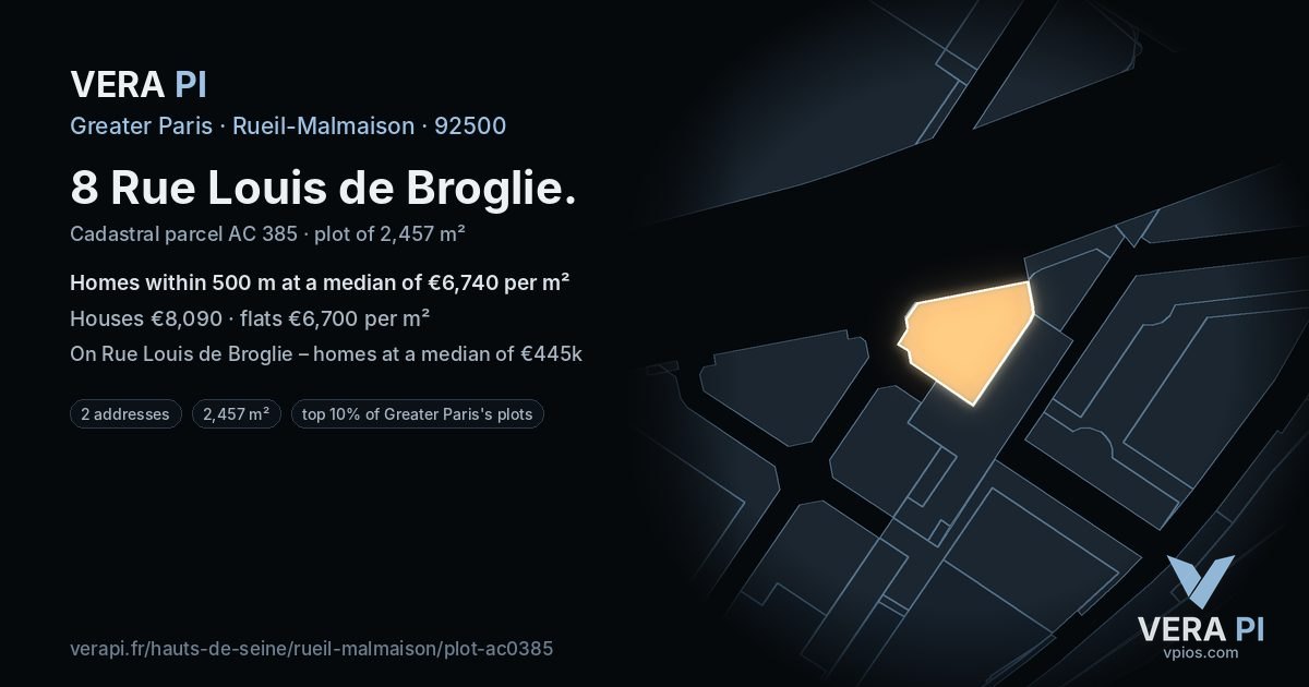 8 Rue Louis de Broglie, Rueil-Malmaison at night – the plot lit, the parcels around coloured by the prices near them