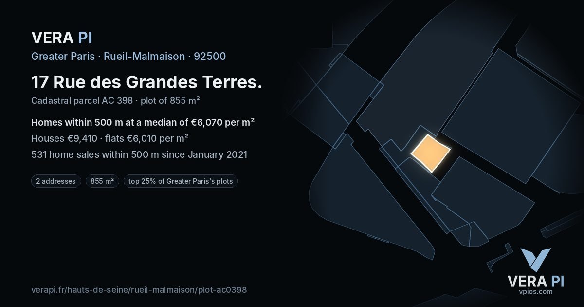 17 Rue des Grandes Terres, Rueil-Malmaison at night – the plot lit, the parcels around coloured by the prices near them