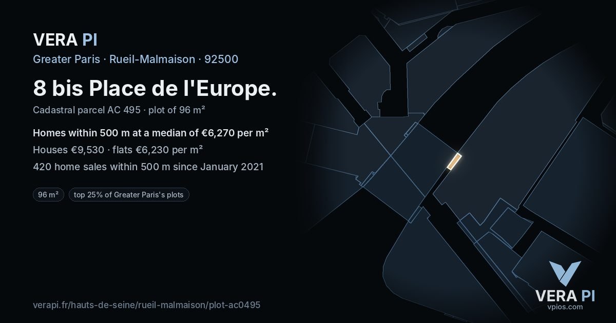 8 bis Place de l'Europe, Rueil-Malmaison at night – the plot lit, the parcels around coloured by the prices near them