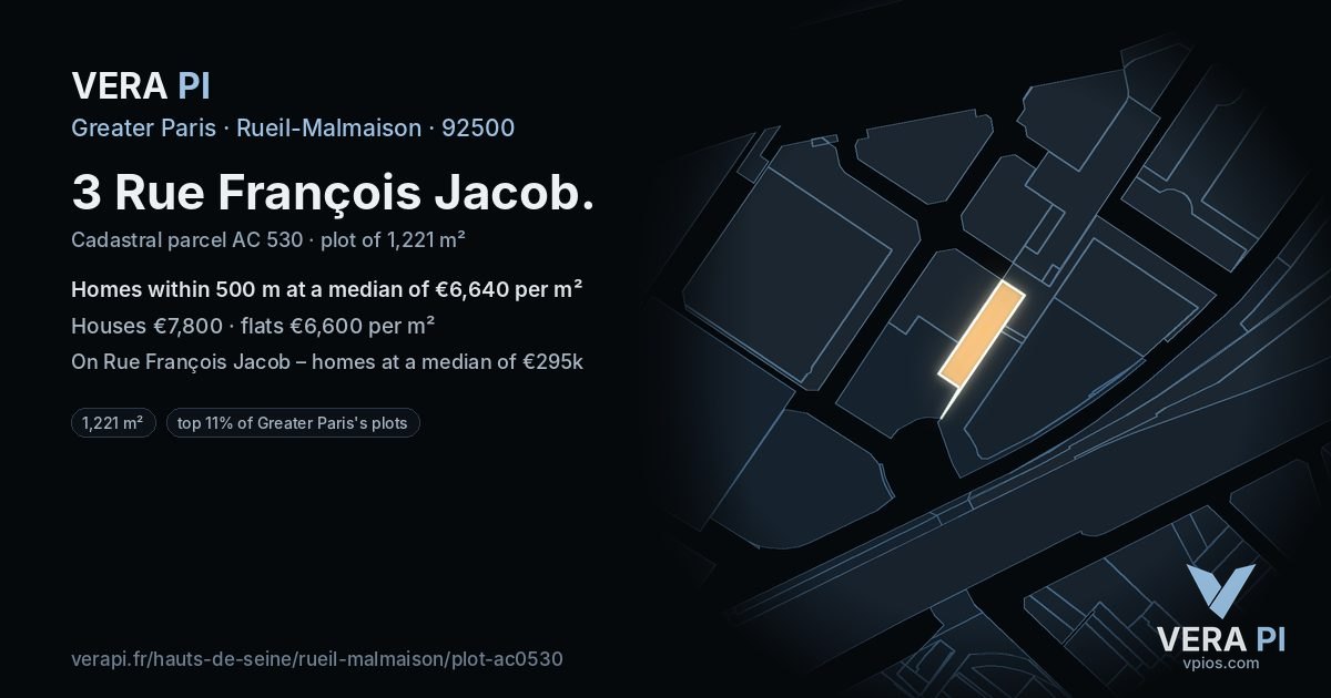 3 Rue François Jacob, Rueil-Malmaison at night – the plot lit, the parcels around coloured by the prices near them