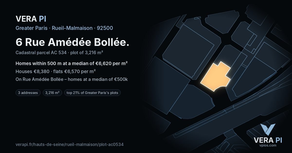 6 Rue Amédée Bollée, Rueil-Malmaison at night – the plot lit, the parcels around coloured by the prices near them