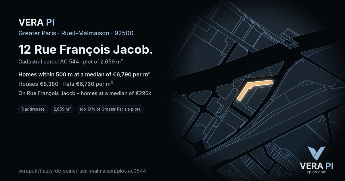 12 Rue François Jacob, Rueil-Malmaison at night – the plot lit, the parcels around coloured by the prices near them