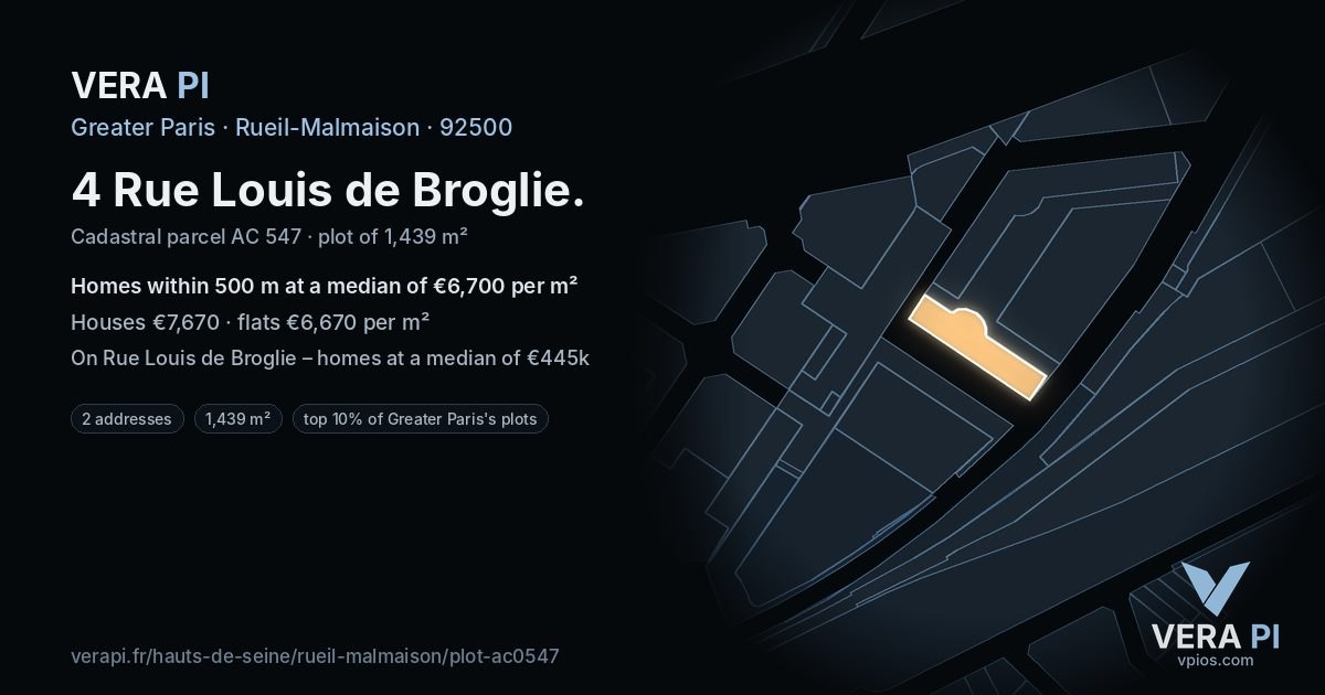 4 Rue Louis de Broglie, Rueil-Malmaison at night – the plot lit, the parcels around coloured by the prices near them