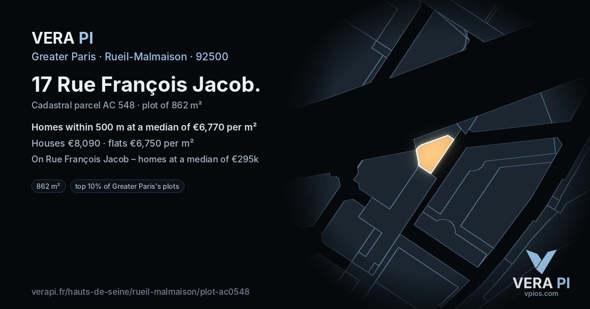 17 Rue François Jacob, Rueil-Malmaison at night – the plot lit, the parcels around coloured by the prices near them