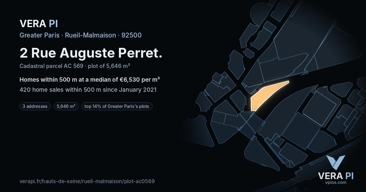 2 Rue Auguste Perret, Rueil-Malmaison at night – the plot lit, the parcels around coloured by the prices near them