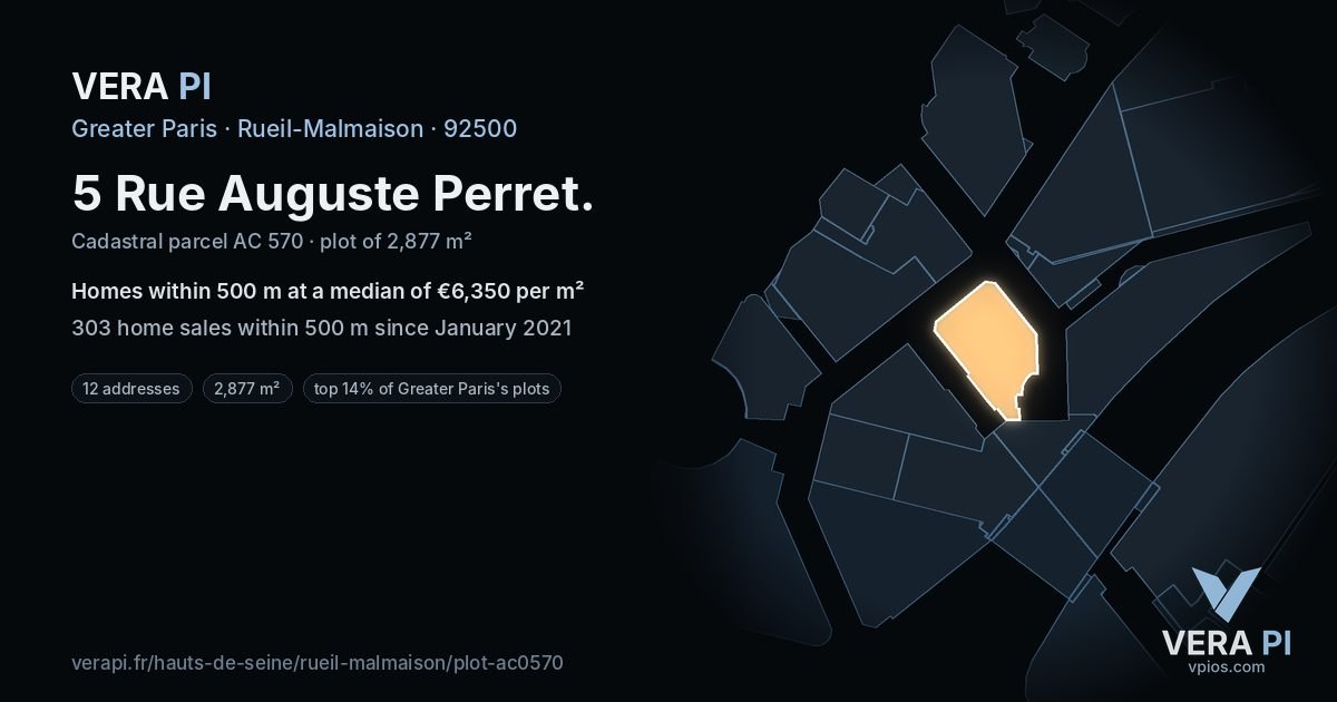 5 Rue Auguste Perret, Rueil-Malmaison at night – the plot lit, the parcels around coloured by the prices near them