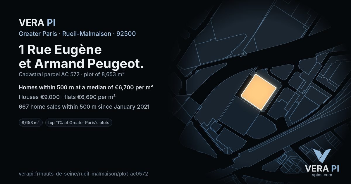 1 Rue Eugène et Armand Peugeot, Rueil-Malmaison at night – the plot lit, the parcels around coloured by the prices near them
