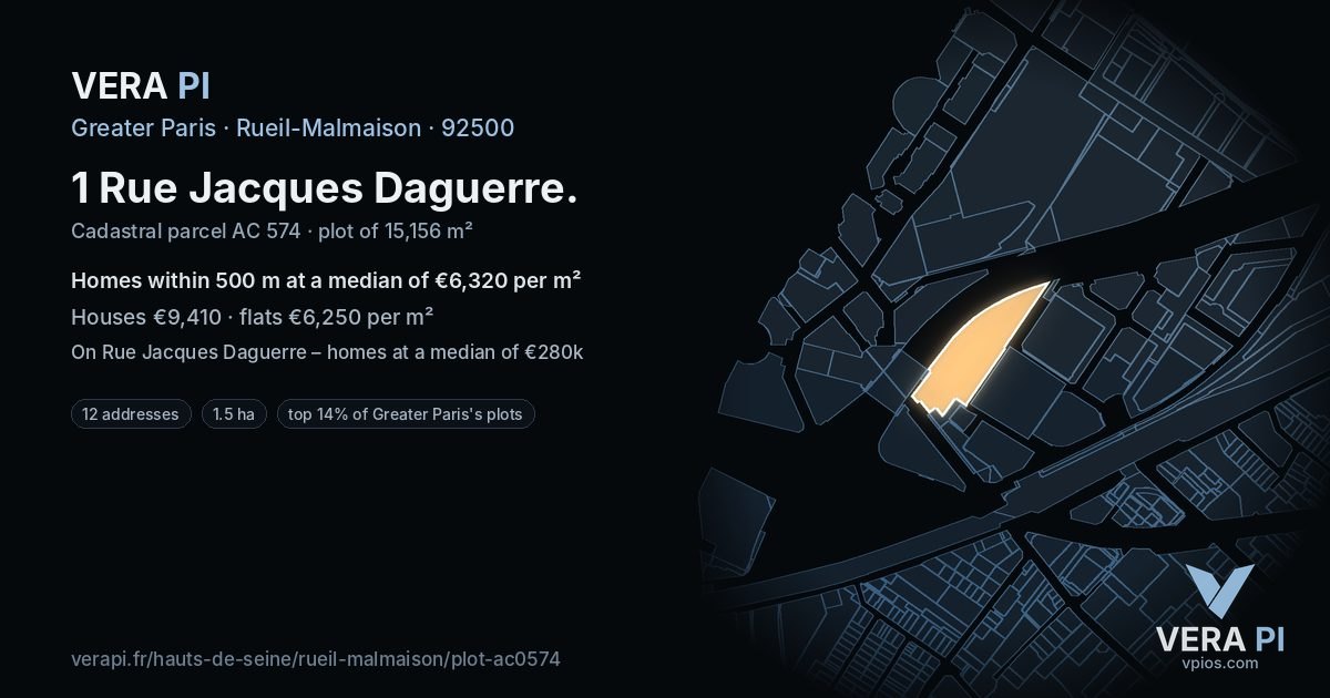 1 Rue Jacques Daguerre, Rueil-Malmaison at night – the plot lit, the parcels around coloured by the prices near them