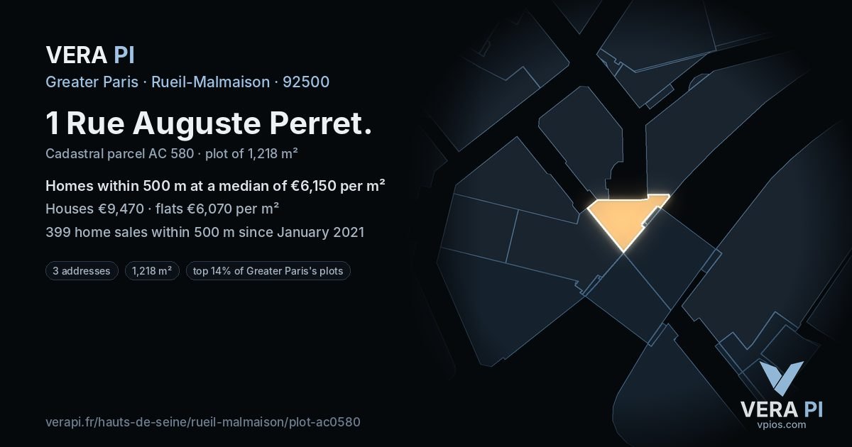 1 Rue Auguste Perret, Rueil-Malmaison at night – the plot lit, the parcels around coloured by the prices near them