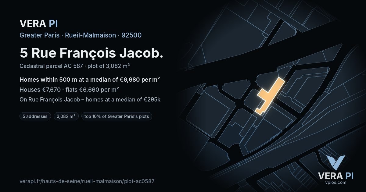 5 Rue François Jacob, Rueil-Malmaison at night – the plot lit, the parcels around coloured by the prices near them