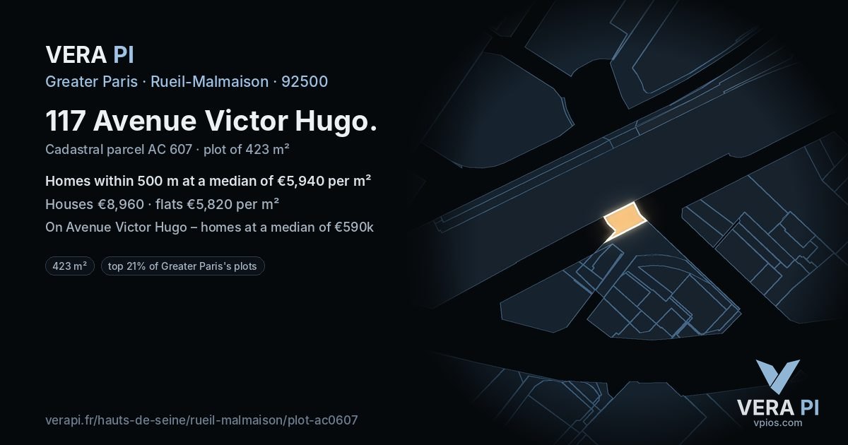 117 Avenue Victor Hugo, Rueil-Malmaison at night – the plot lit, the parcels around coloured by the prices near them