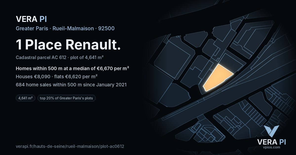 1 Place Renault, Rueil-Malmaison at night – the plot lit, the parcels around coloured by the prices near them