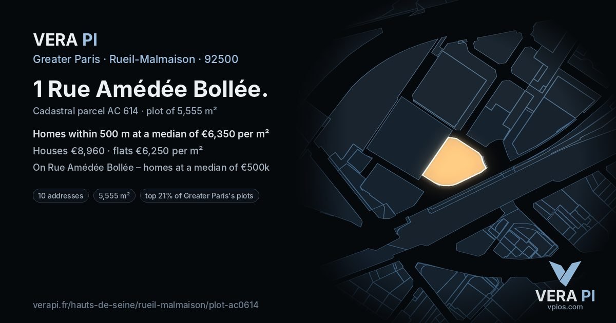 1 Rue Amédée Bollée, Rueil-Malmaison at night – the plot lit, the parcels around coloured by the prices near them